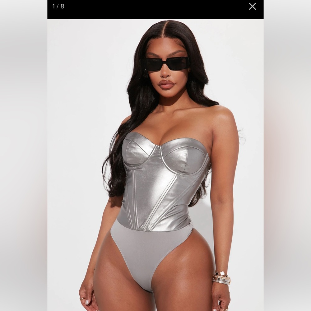 Valentina Metallic PU Corset Bodysuit - Silver FASHION NOVA NWT
